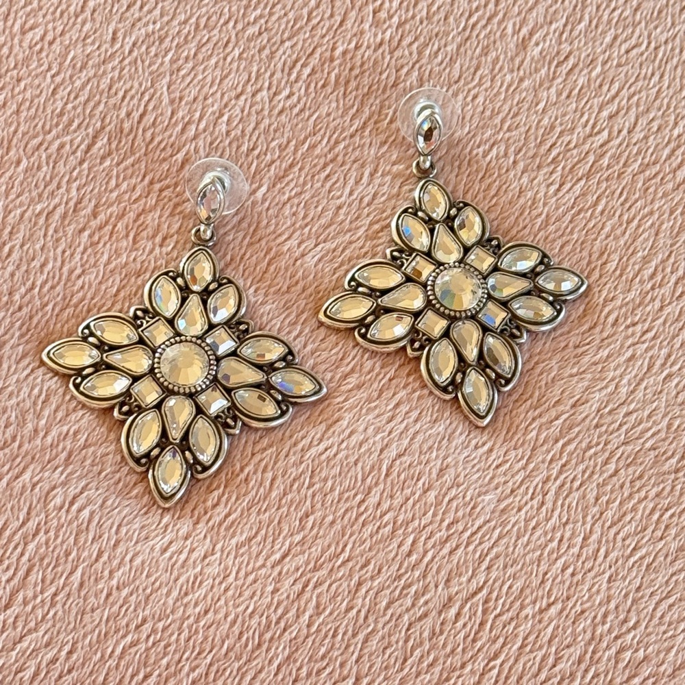 Brighton Silver-Tone Swarovski Crystal Floral Dangle Earrings - Picture 9 of 10